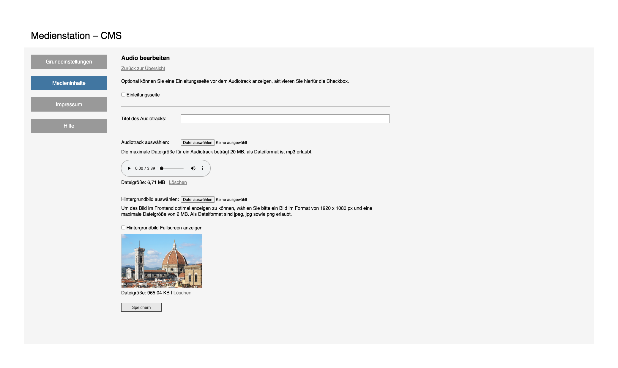 Medienstaion Software/CMS, Screenshot Einrichtung Audiobeitrag