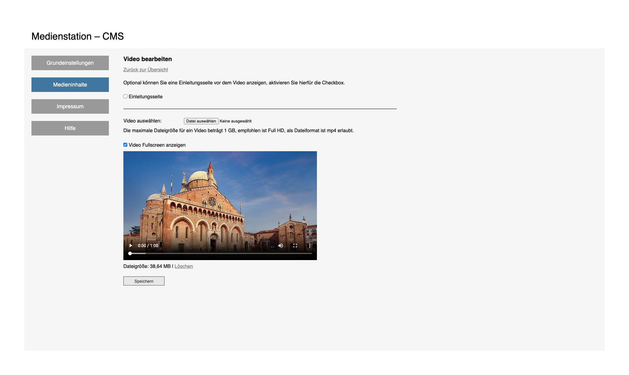 Medienstaion Software/CMS, Screenshot Einrichtung Filmbeitrag
